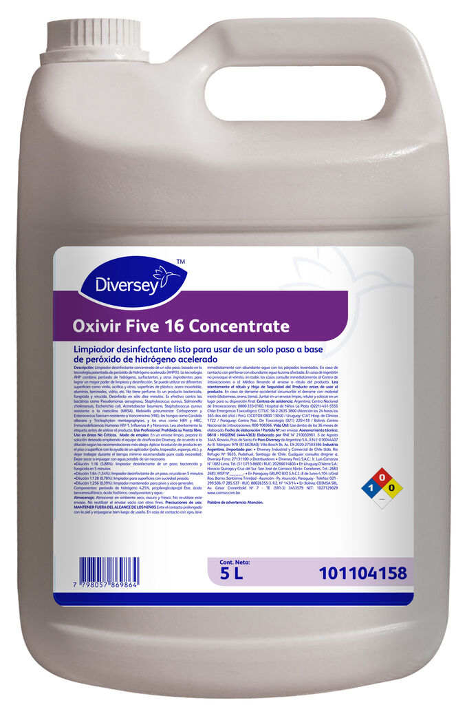 OXIVIR FIVE 16 CONCENTRATE 4x5L - LIMPIADOR DESINFECTANTE DE UN SOLO PASO BASADO EN LA TECNOLOGÍA PERÓXIDO DE HIDRÓGENO ACELERADO (AHP ®)